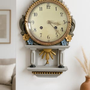 Vintage Shabby Chic Wall Clock – Floral Carved Wood – Feminine Patina Decor – Romantic Antique Style