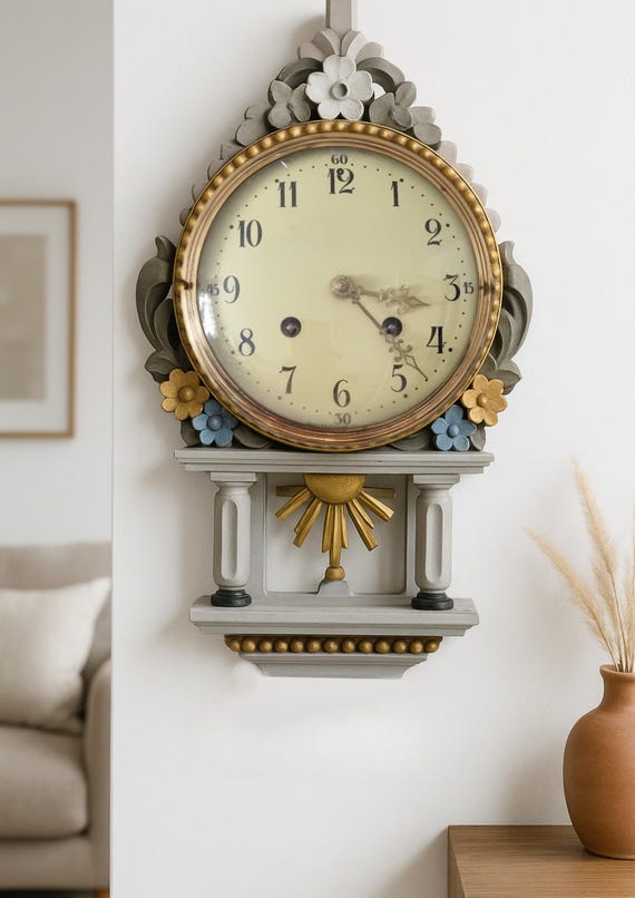 Vintage Shabby Chic Wall Clock – Floral Carved Wood – Feminine Patina Decor – Romantic Antique Style