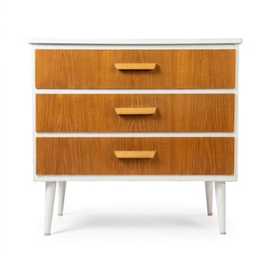 Puede incluir: Cómoda de tres cajones con marco y patas blancos. Los cajones son de madera con veta marrón claro, y cada uno tiene un pequeño tirador de madera de color claro. La cómoda es de estilo moderno de mediados de siglo.