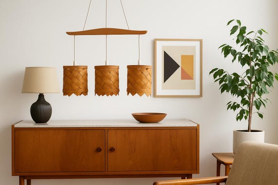Vintage Rare MCM Pine Pendant Lamp – Handwoven Scandinavian Light Fixture – Organic Wabi-Sabi Nordic Design – 1960s Vintage