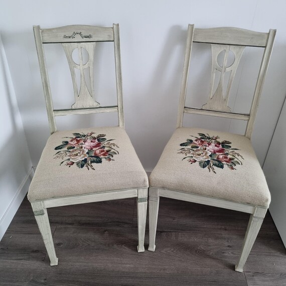 Antique Louis XVI Chair – 1920s Swedish Painted Wood with Floral Needlepoint Upholstery | 1 or Pair Available