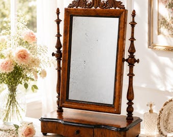 Antique Swedish Shaving Mirror: Turned Wood Swivel Stand & Drawer