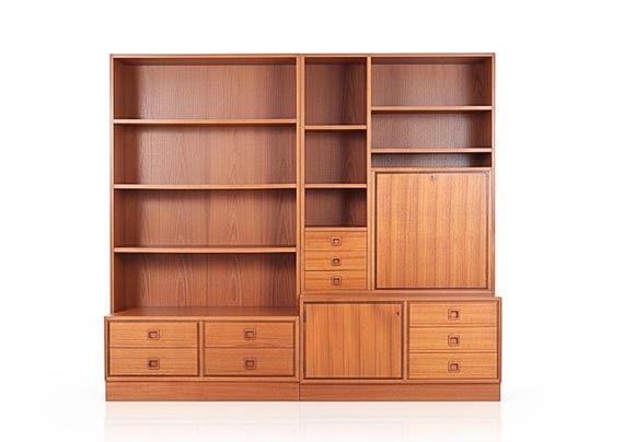 Danish Teak Wall Unit with Drop-Down Bar: Mid-Century Modern Bookcase