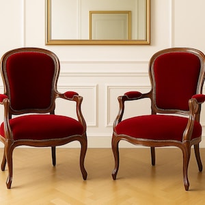 Vintage French Louis XV Armchair: Red Velvet Rococo Revival Parlor Chair
