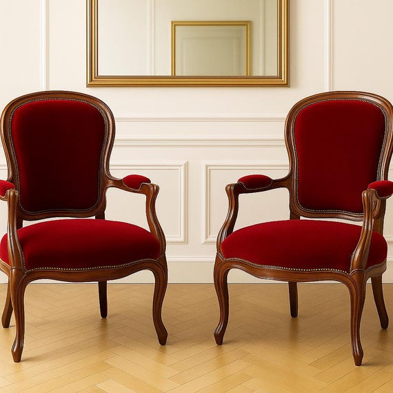 Vintage French Louis XV Style Red Velvet Armchair – Rococo Revival Accent Chair with Carved Walnut Frame – Elegant Parlor Seating