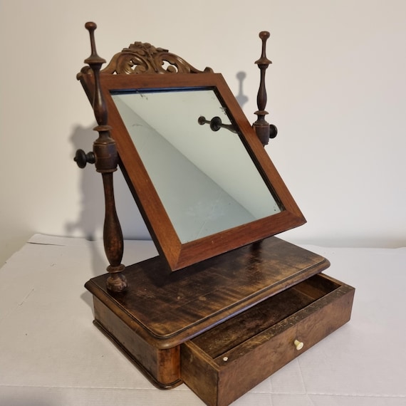 Antique Swedish Shaving and Dressing Table Mirror with Drawer – Turned Wood Swivel Mirror Stand, Vintage Makeup and Shaving Mirror