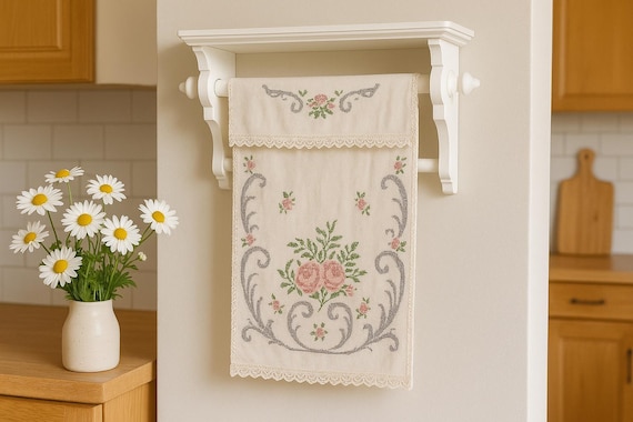 Vintage Swedish Embroidered Linen Towel Rack: Scandinavian Farmhouse Decor