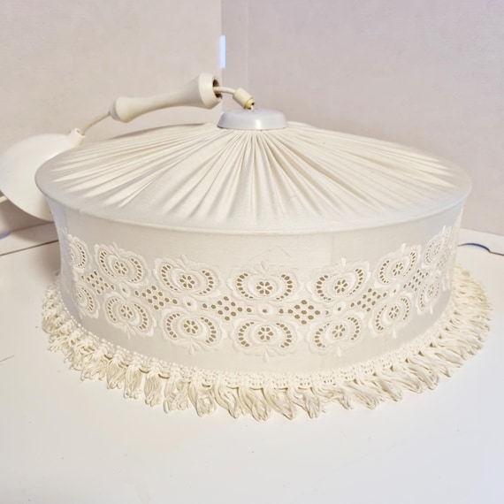 Vintage Scandinavian Ceiling Lamp with Embroidered Fabric Shade – White