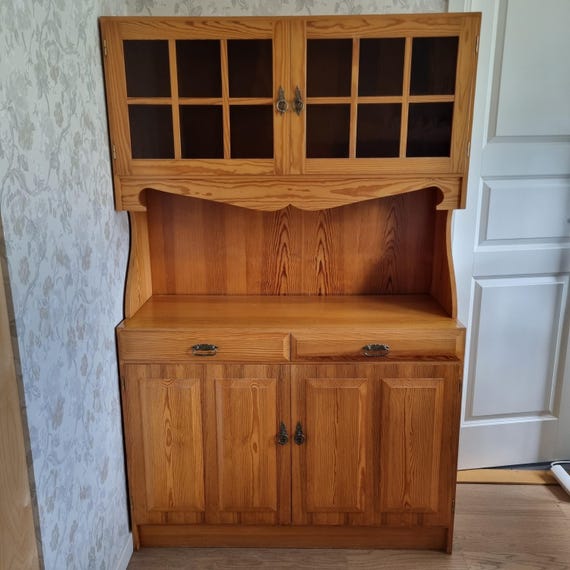 Vintage 1950s Solid Pine Hutch | Scandinavian Farmhouse Sideboard with Glass Doors | Honey Patina and Original Hardware