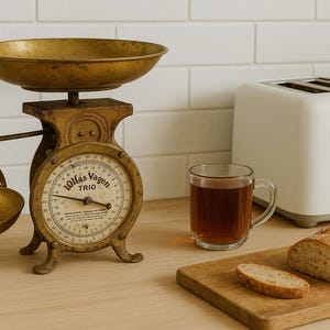 Antique Swedish Brass Scale – 10kg Trio Vågen – Cast Iron Kitchen Scale c.1920s – Rustic Farmhouse Decor