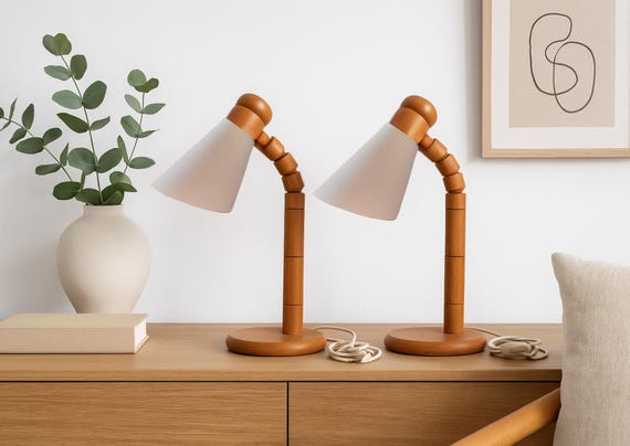 MCM Swedish Pine Table Lamps – SOLBACKEN – Scandinavian Wooden Retro Adjustable Nightstand Lamps