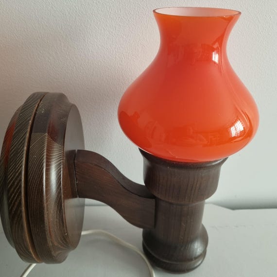 Vintage Markslöjd Boda Wall Lamps - 1970s Scandinavian Mid-Century Design - Pine Wood & Opal/Orange Cased Glass Shades - Rare Pair