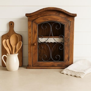 Antique Rustic Wood Wall Cabinet with Iron Door: Farmhouse Kitchen Storage