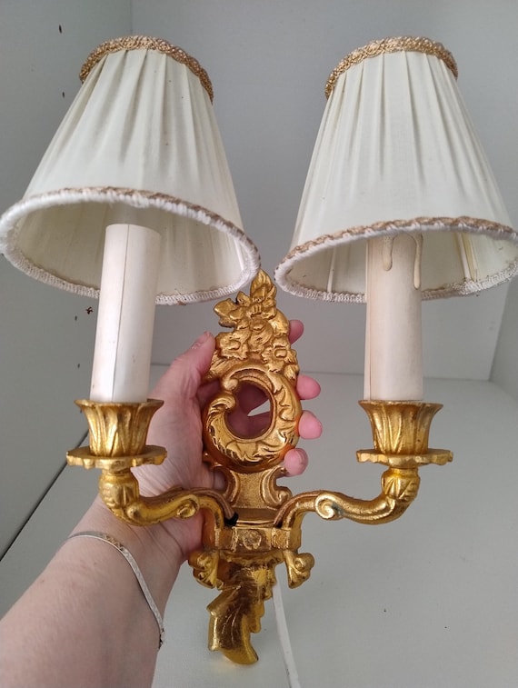 Antique French Louis XV Rococo Gilt Solid Brass Wall Sconce – Double Arm Candle Holder Light with Fabric Shades – Ornate Gold Wall Lamp