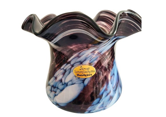 Scandinavian Handblown Glass Vase – Purple & White Cloud Pattern, Unique Swedish Art Glass Vase – Wavy Rim, Handcrafted by Järvsjö