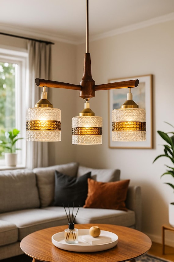 Teak and Glass Ceiling, Mid-Century Modern Scandinavian Light – 3-Arm Pendant Lamp , Original Retro Pendant  lamp 1960s