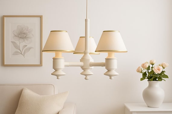 Vintage Scandinavian Pine Chandelier – Retro Wooden Ceiling Light with Fabric Lampshades , Mid century Modern Ceiling