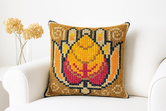 Needlepoint Pillow- Scandinavian Wool  – Bright Folk Art Geometric Pattern – Colorful Boho Home Decor
