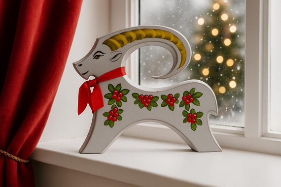 Hand-Painted Swedish Wooden Yule Goat – Traditional Christmas Decor with Red Berries & Ribbon – Scandinavian Holiday Decoration- Signed