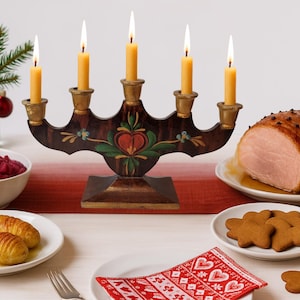 Hand Painted Swedish Candelabra: Allmoge Folk Art Wood Candle Holder