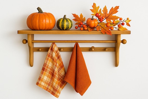 Rustic Pine Wall Shelf with Peg Hooks and Towel Bar – Farmhouse Kitchen Organizer, Autumn Decor Rack, Handmade Wood Peg Rail
