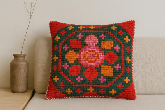 Wool needlepoint pillow- Vintage Scandinavian – Bright Folk Art Geometric Pattern – Colorful Boho Home Decor