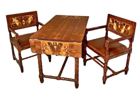 Antique Swedish Drop-Leaf Table & Chairs –Dining set - Hand-Painted Kurbits Folk Art – Rosmålning Design – Rare Scandinavian Set Circa 1900