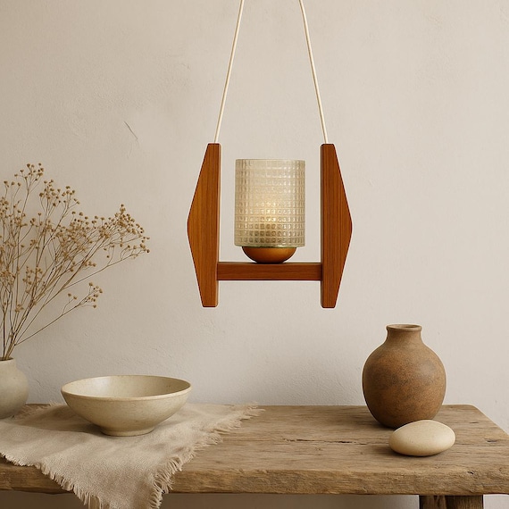 Vintage Teak and Glass Pendant Lamp - Scandinavian Mid-Century Lighting