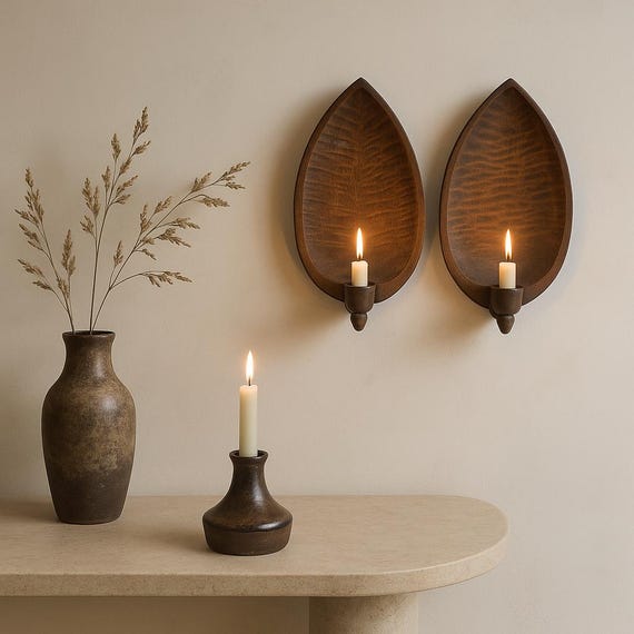 Vintage Wooden Wall Sconce Pair – Hand Carved Candle Holders with Patina, Shabby Chic & Wabi Sabi Wall Decor
