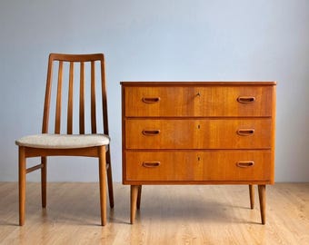 Mid Century Chest of Drawers Teak Scandinavian Three Drawer Dresser Sweden 1960s