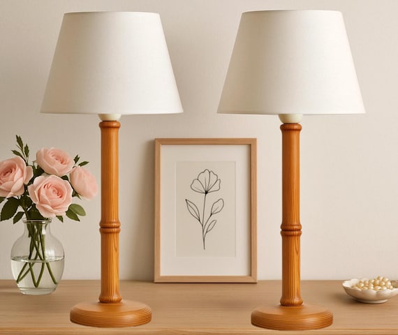 Pair of MCM Swedish Pine Table Lamps – Scandinavian Mid-Century Modern Wooden Nightstand Lamps with White Shades, Scandinavian Home Design