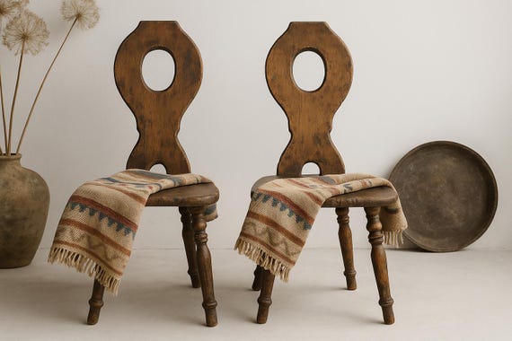 Rustic Swedish Folk Chairs – Wabi-Sabi Japandi Style Antique Chairs with Natural Patina – Handcrafted Scandinavian Farmhouse Dining Chairs