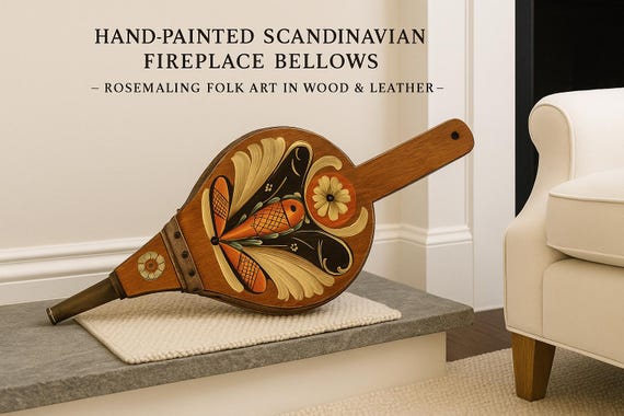 Antique Swedish Fireplace Bellows with Rosemaling Design, Hand-Painted Rosemaling Vintage Swedish Fireplace Bellows