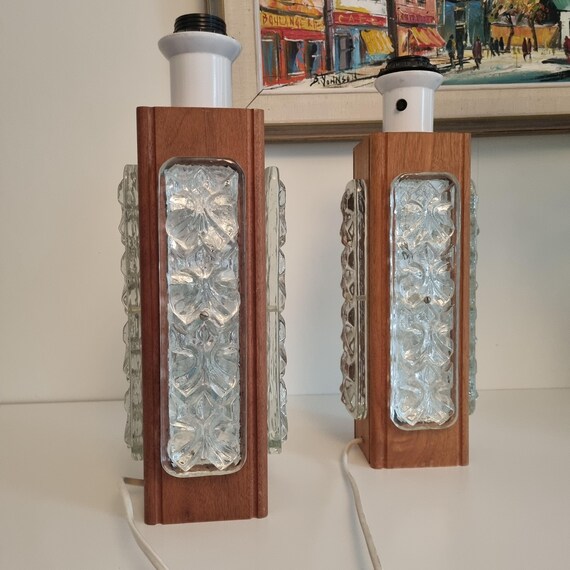 Teak Table Lamp Pair – Rare & Unique Vintage 1960s Scandinavian Design with Orrefors Glass