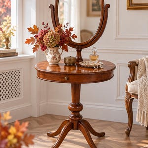 May include: A round wooden vanity table with a single drawer and a central pedestal base featuring four curved legs. An oval swivel mirror is mounted on top. The table holds a floral ceramic vase with autumn foliage, a small box, and a glass perfume bottle.