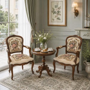 May include: Two wooden armchairs with curved frames and beige upholstery featuring floral tapestry patterns on the backrests and seats, positioned on either side of a small round wooden pedestal table with a glass vase of white flowers.