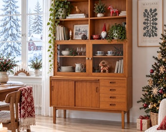 Teak Secretary Desk Cabinet, Scandinavian Display Hutch with Storage, Danish Modern Tall Cabinet