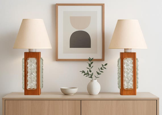MCM Teak Table Lamp Pair – Rare & Unique Vintage 1960s Scandinavian Design with Orrefors Glass