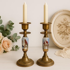 Vintage Brass Candle Holders: Hand-Painted European Village Scene, 1920s Pair