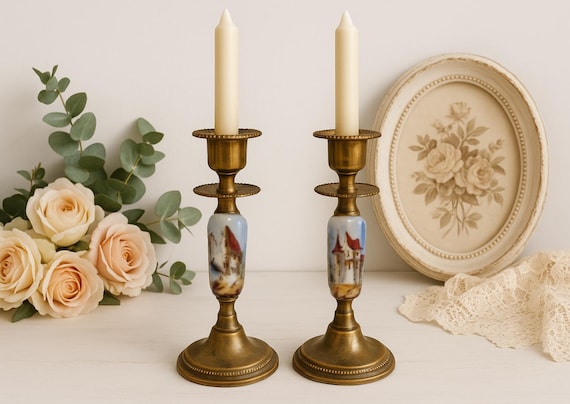 Brass Candle Holders with Hand-Painted Porcelain – European Village Scene – French or German Vintage Pair, 1920s–30s