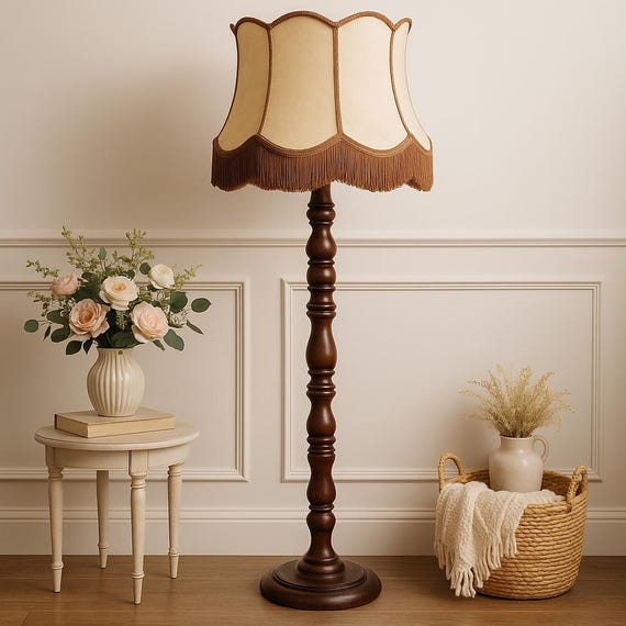 Rare Vintage Danish Mid-Century Floor Lamp with Original Velvet Shade – Sculpted Wood Base, Retro Scandinavian Design