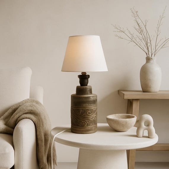 Vintage Brutalist Table Lamp – Ceramic Base with Scroll Pattern, Mid Century Modern Lighting