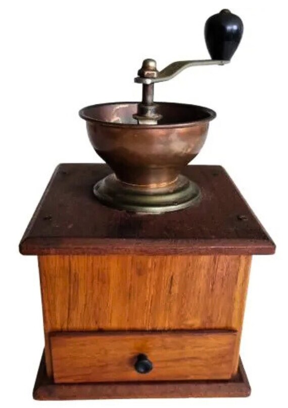 Teak Wood Coffee Grinder – Mid-Century Scandinavian Retro Hand Crank Mill with Metal Mechanism , Vintage Scandinavian Home Decor