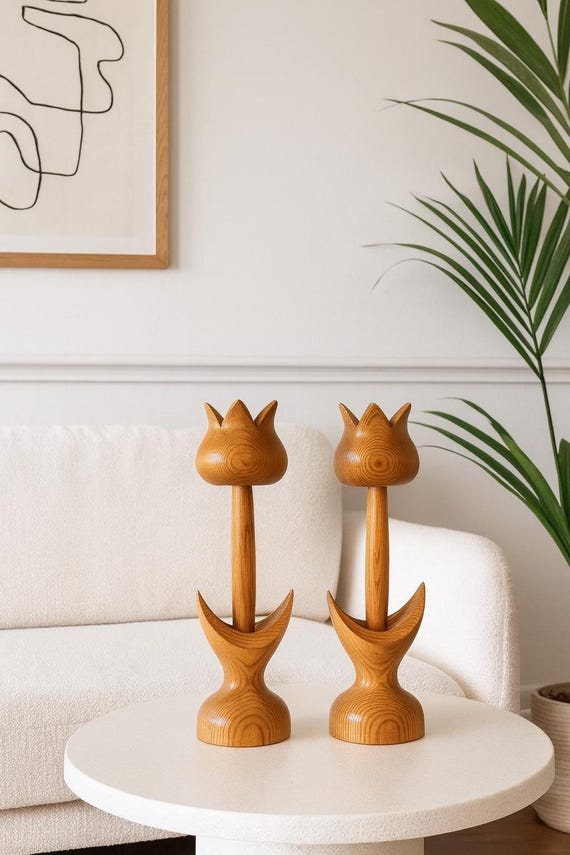 Vintage Wooden Tulip Candlestick pair Scandinavian Design