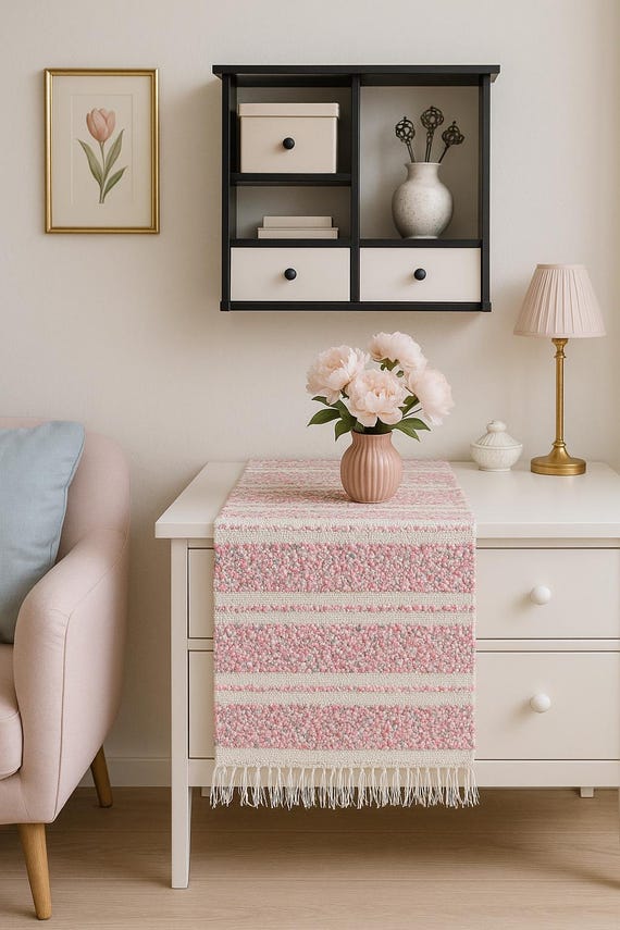 Handwoven Swedish Table Runner – Pink & White Pastel Decor Rug, Scandi Boho Woven Table Mat – Handcrafted Pink and White Accent Rug