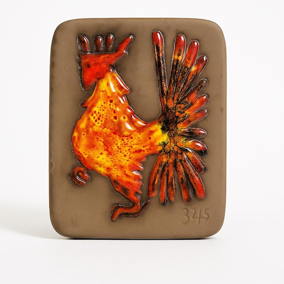 Vintage Swedish Hälsingborg Deco glazed ceramic wall plaque Fiery Rooster / Fantasy bird 1960s Scandinavian modernist pottery Made in Sweden