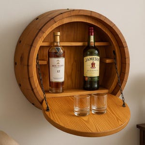 Handmade Reclaimed Beer Barrel Liquor Cabinet: Rustic Wall-Mounted Bar