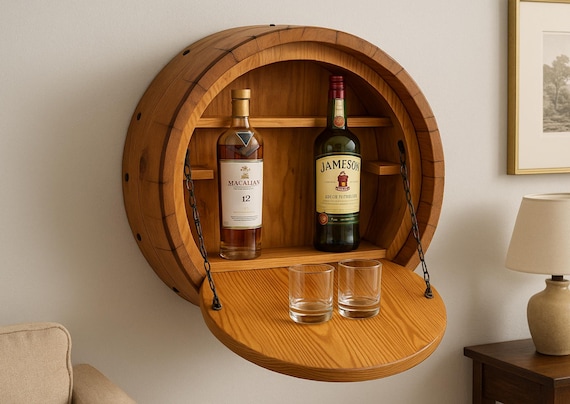 Wall-mounted rustic liquor cabinet – Handmade from reclaimed beer barrel with vintage patina, ,Rustic whiskey cabinet