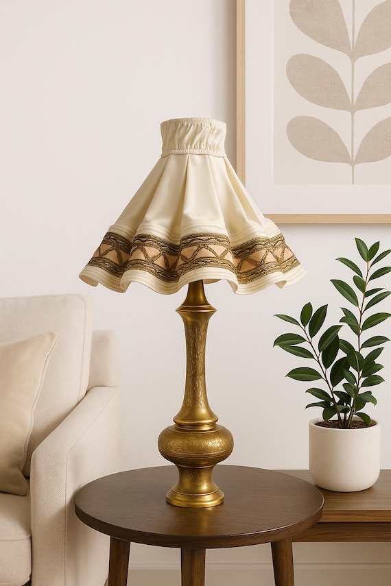 Vintage Brass Table Lamp: Hand-Engraved Base, Double Silk Shade