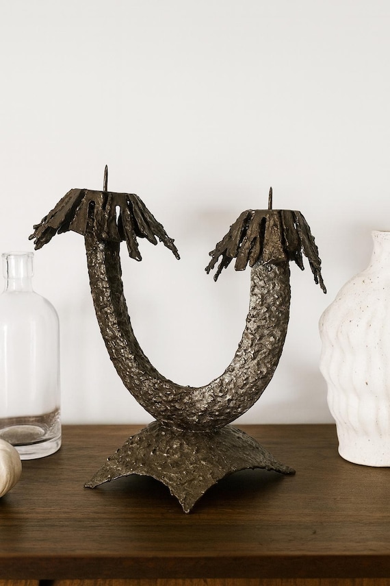 Brutalist Double Candle Holder – Sculptural Iron Candelabra, Mid Century Style, Unique Brutalist Art Metal Candelabra